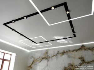 Потолок со световыми линиями и чёрными нишами под светильники