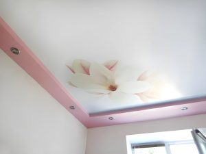 Двухуровневый натяжной потолок в детской с фотопечатью Магнолия