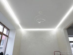 Парящий белый сатиновый натяжной потолок.